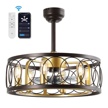 Celeste 21.6" 6-Light Industrial Farmhouse 6-Speed Metal Mobile-App/Remote-Controlled Caged LED Ceiling Fan - JONATHAN Y